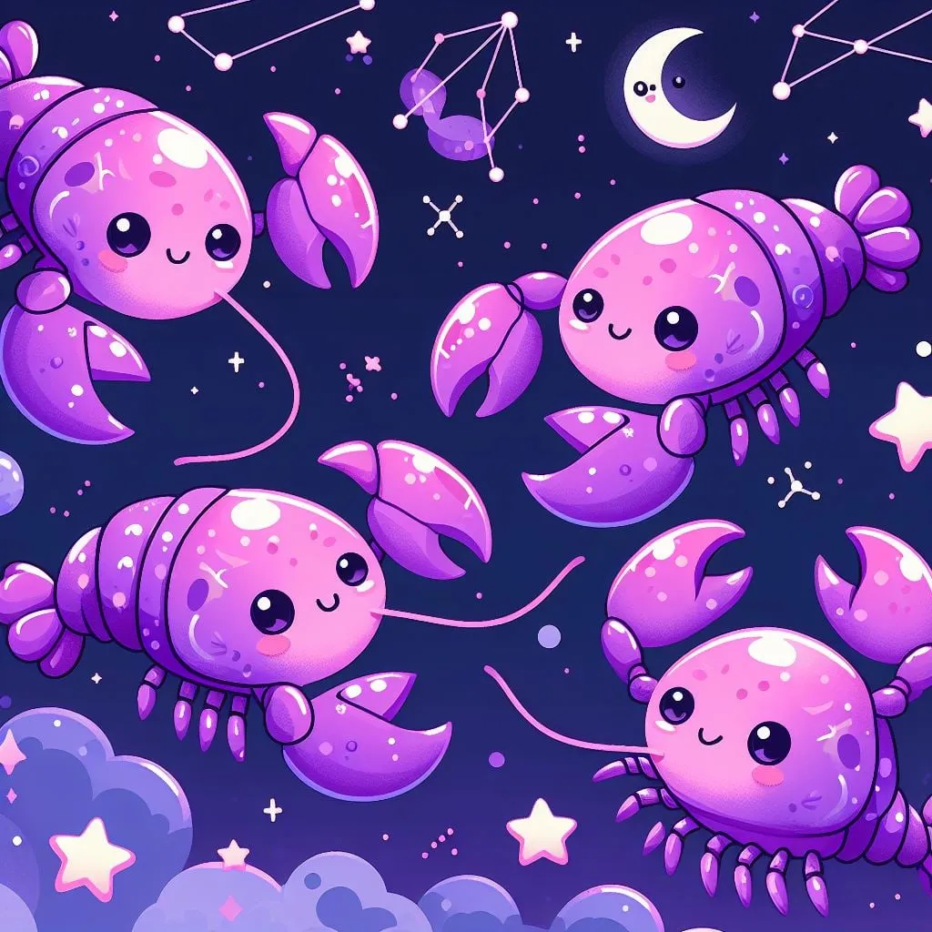 Langostas rosadas de dibujos animados entre estrellas y lunas
