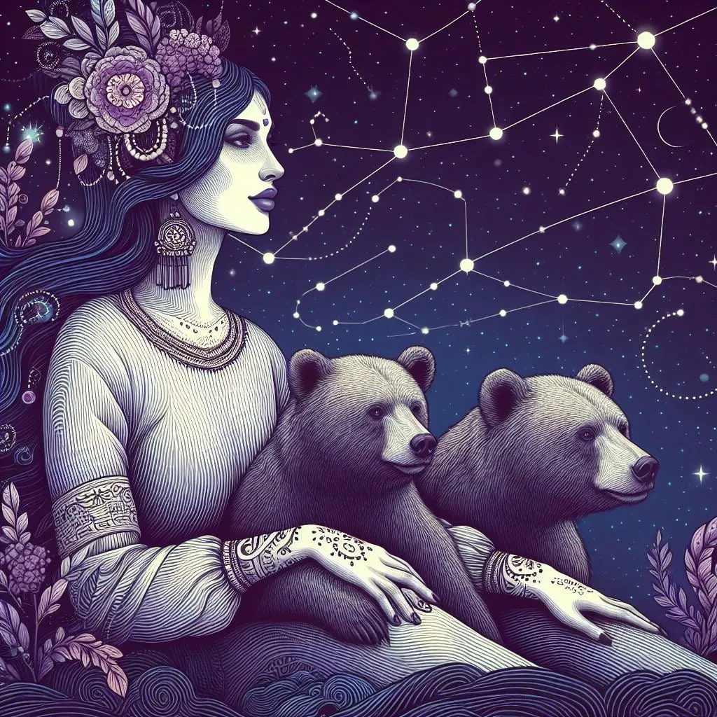 Mujer con corona de flores sentada junto a dos osos pardos