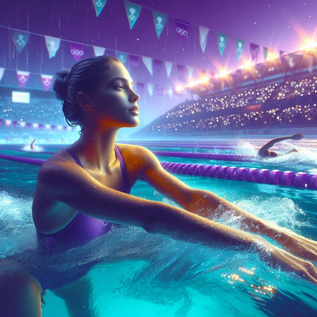 Nadadora en una piscina olímpica iluminada