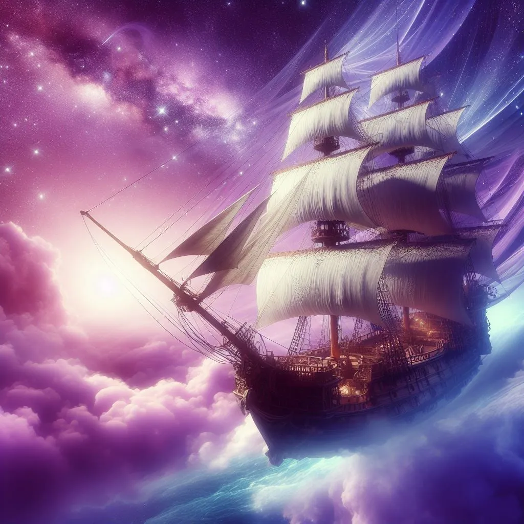 Velero antiguo surcando nubes rosadas bajo la Vía Láctea