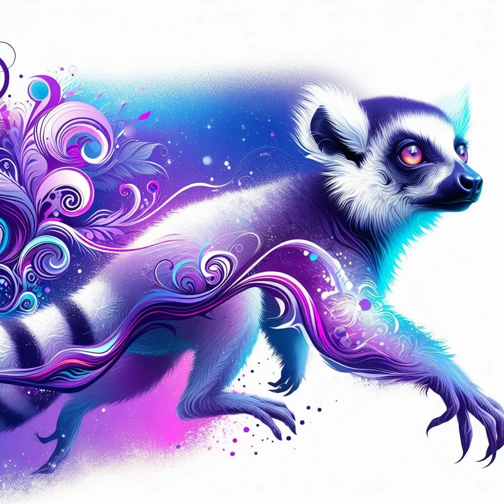 Lémur corriendo entre remolinos violetas y azules