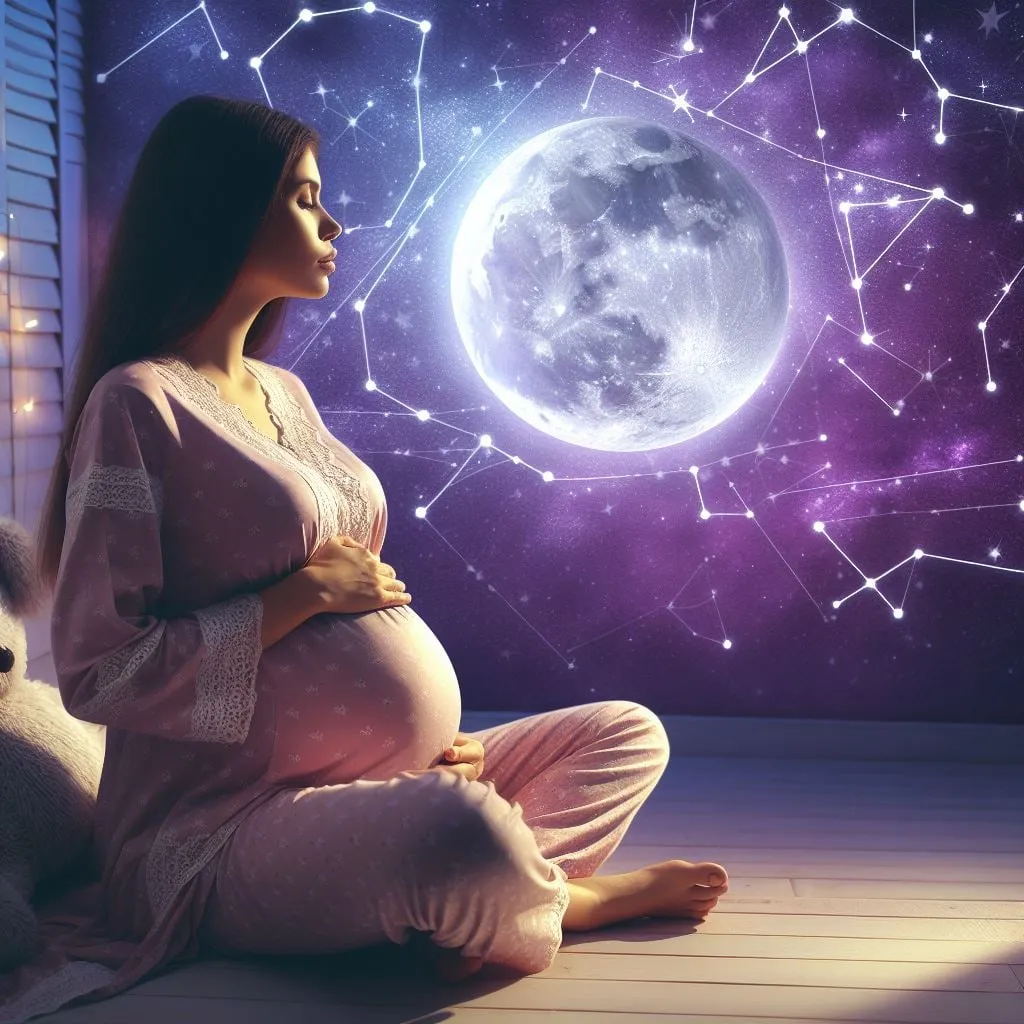 Mujer embarazada sentada en el suelo frente a la luna llena