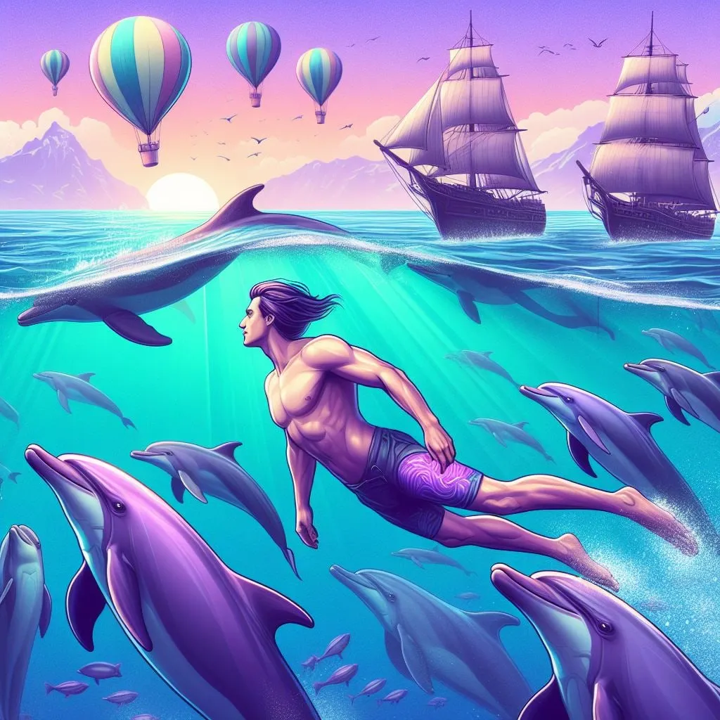 Hombre nadando con delfines cerca de veleros y globos