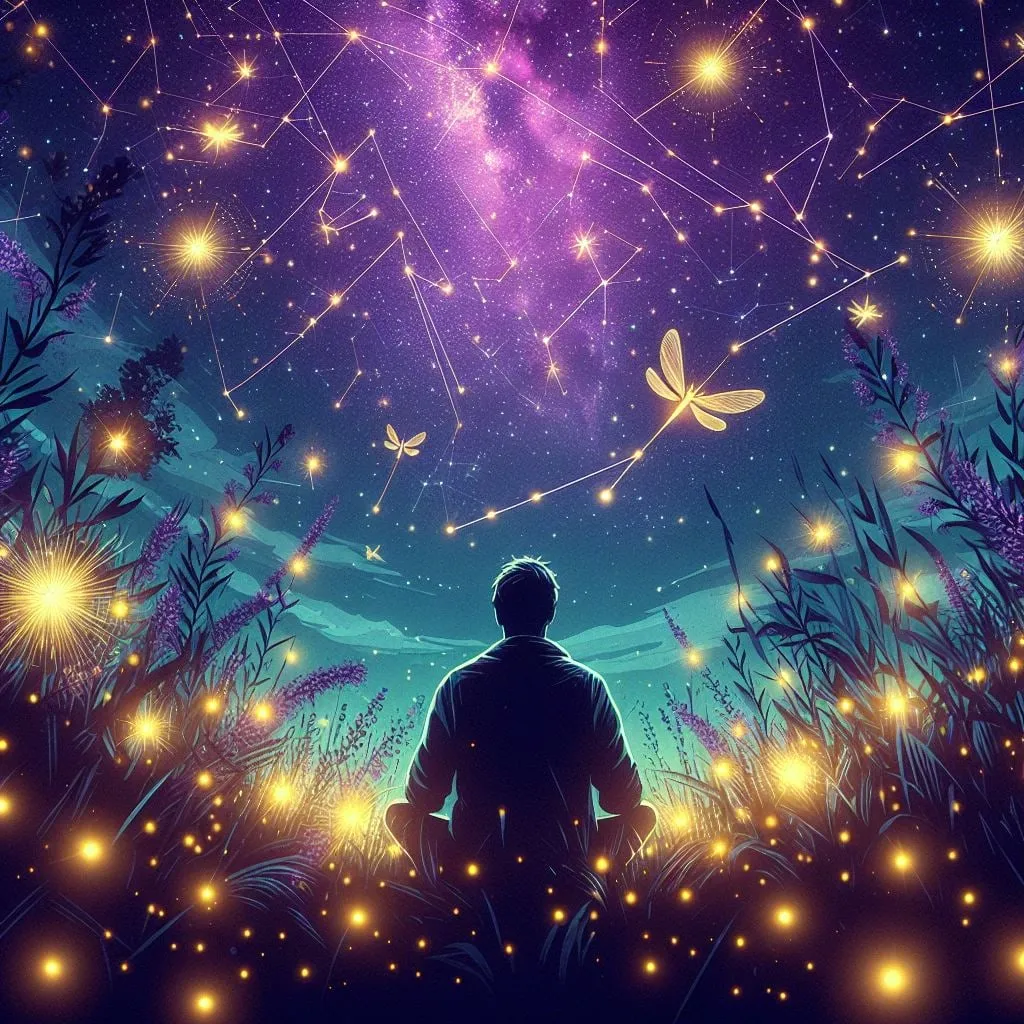 Persona meditando entre luciérnagas bajo un cielo estrellado