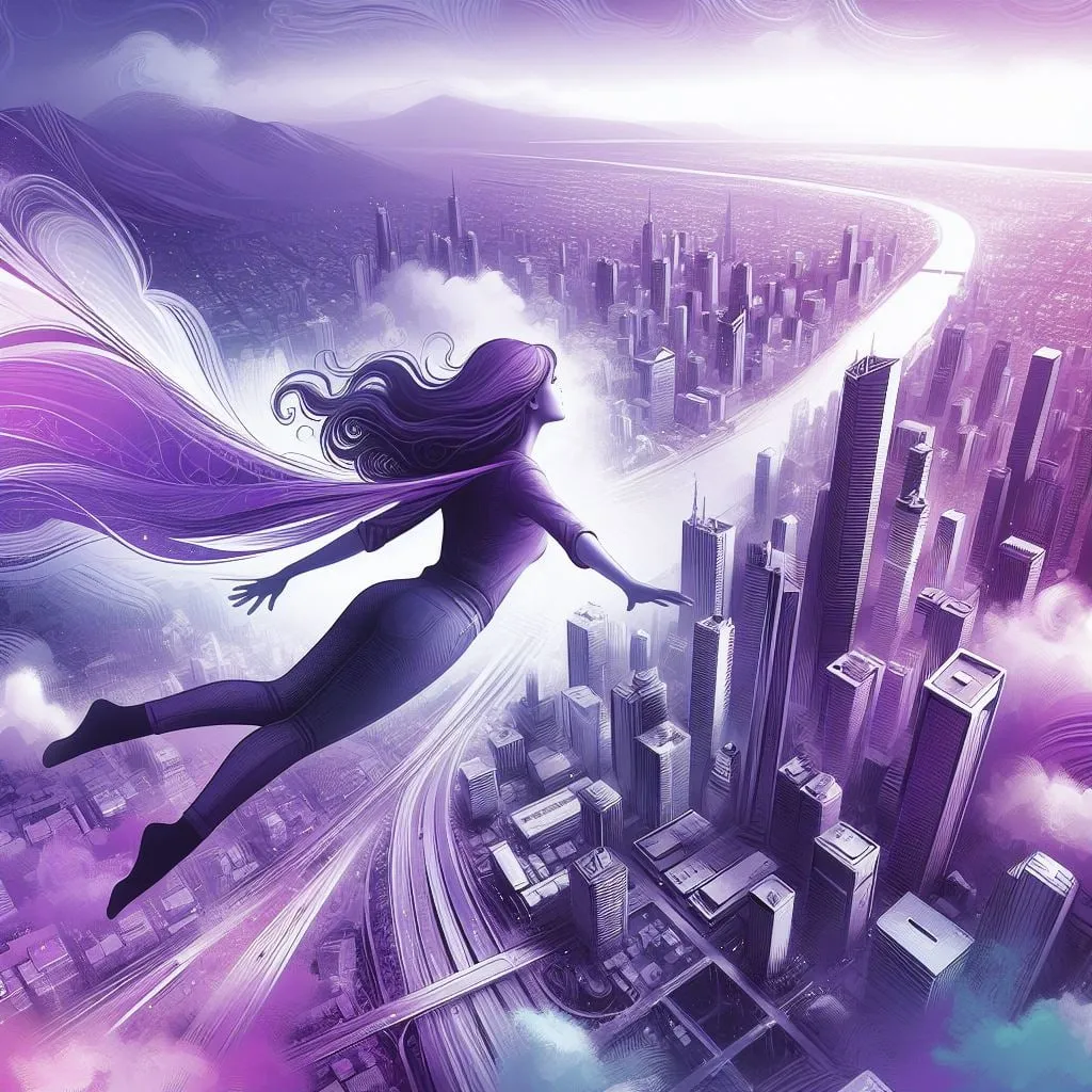 Mujer volando sobre los rascacielos de una gran ciudad