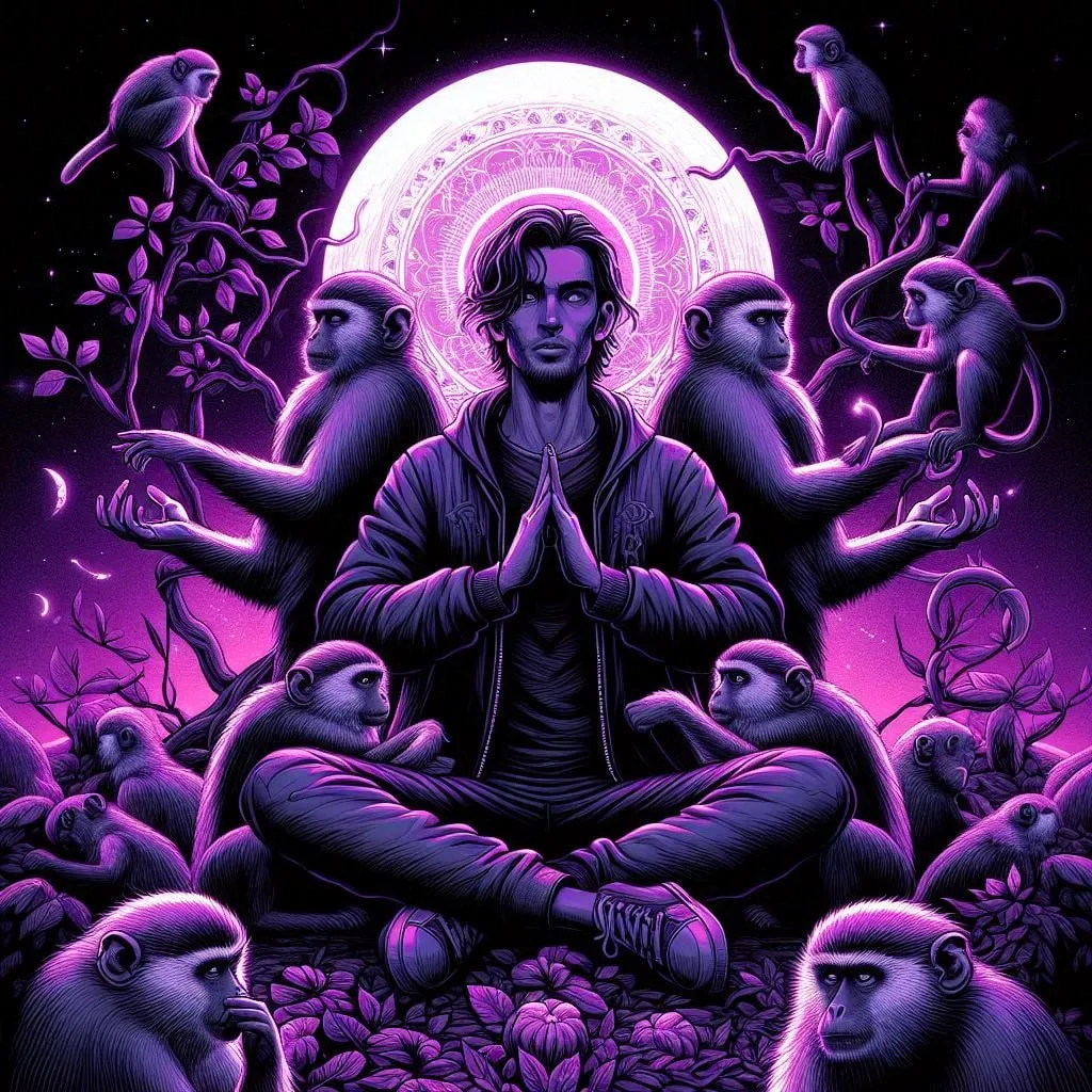 Hombre meditando rodeado de macacos frente a la luna
