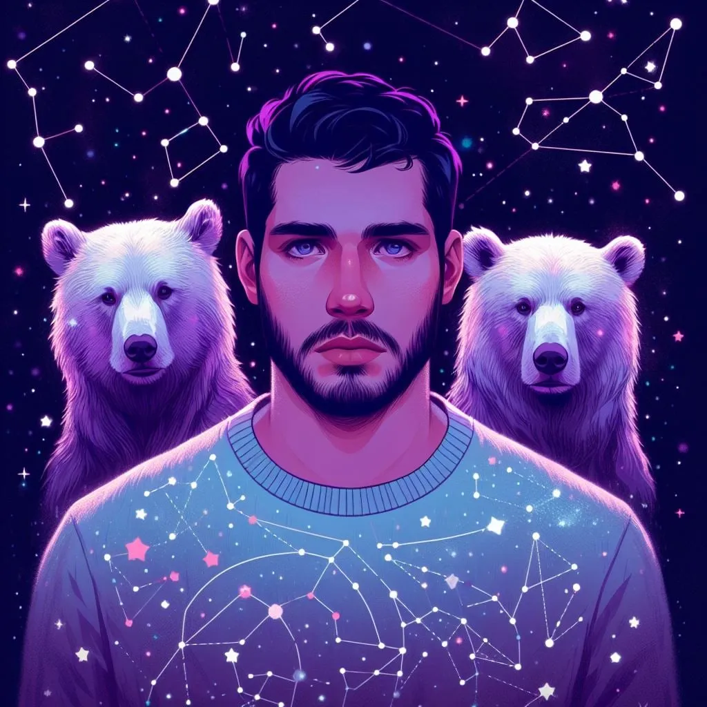 Hombre con suéter estrellado entre dos osos