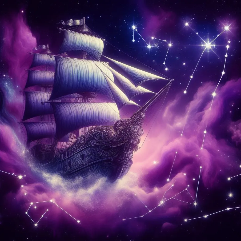 Galeón de velas blancas navegando entre constelaciones y nubes violetas