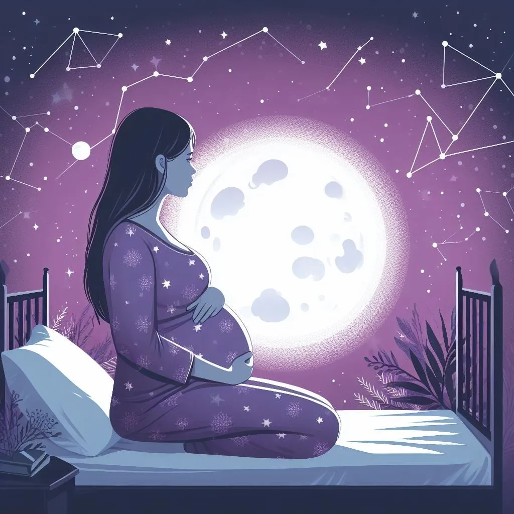 Mujer embarazada arrodillada en la cama mirando la luna