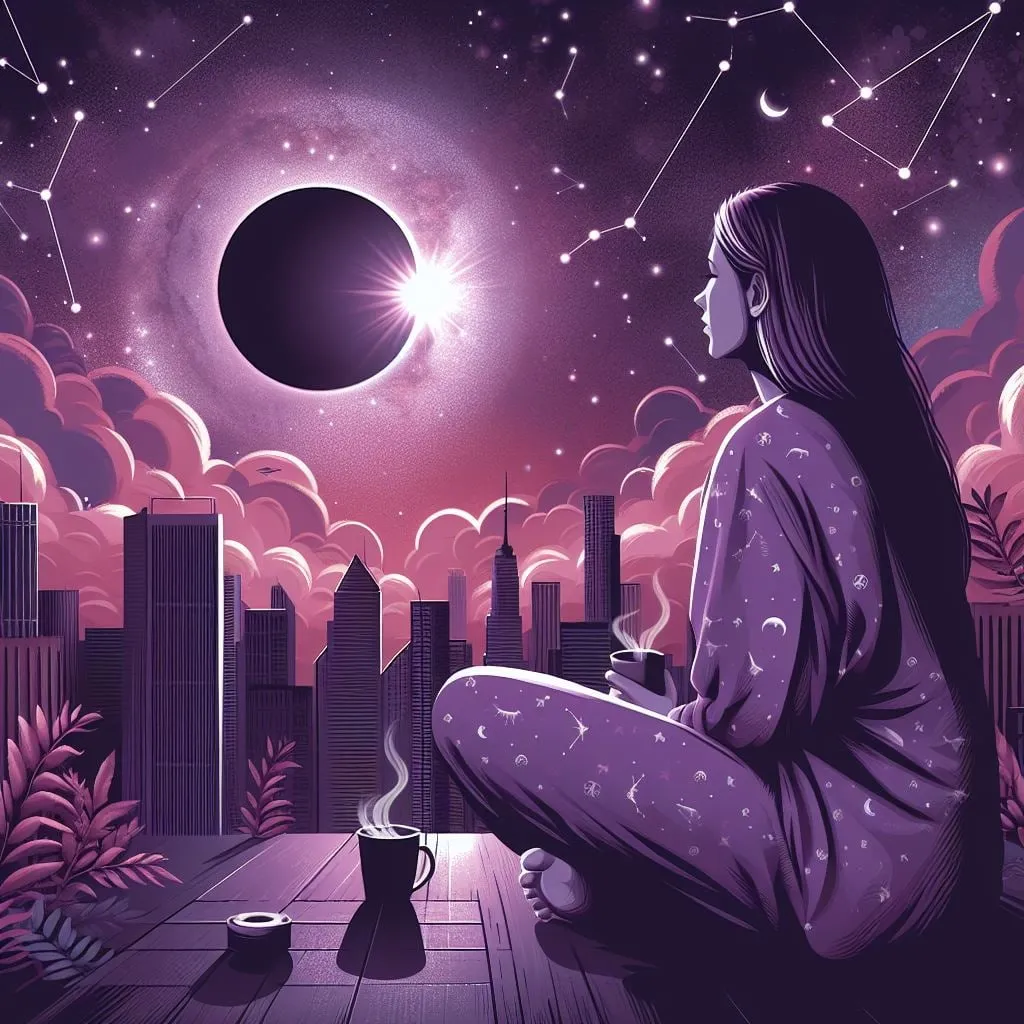 Mujer en pijama mirando un eclipse solar desde una terraza de la ciudad