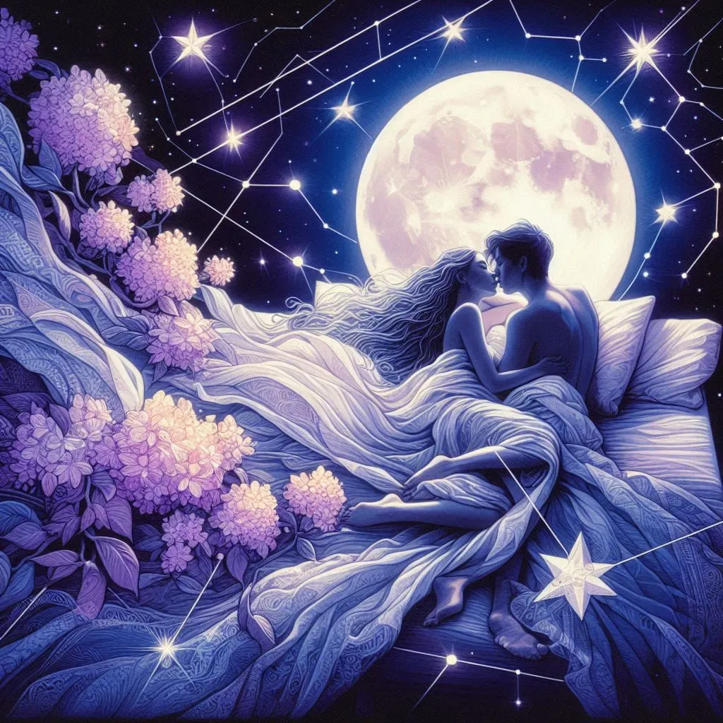 Pareja abrazada en la cama entre flores de lila bajo la luna llena