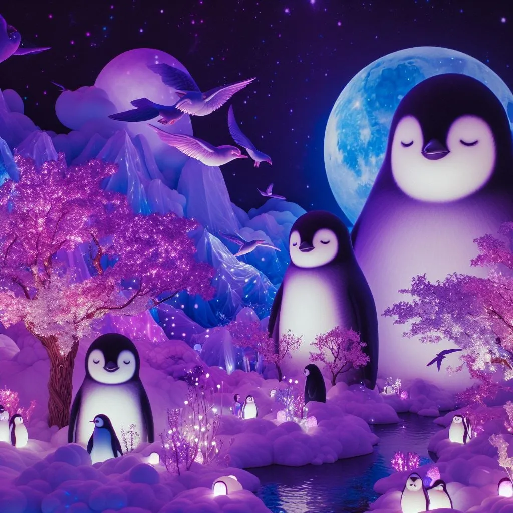Pingüinos adultos y crías en un paisaje violeta bajo la luna