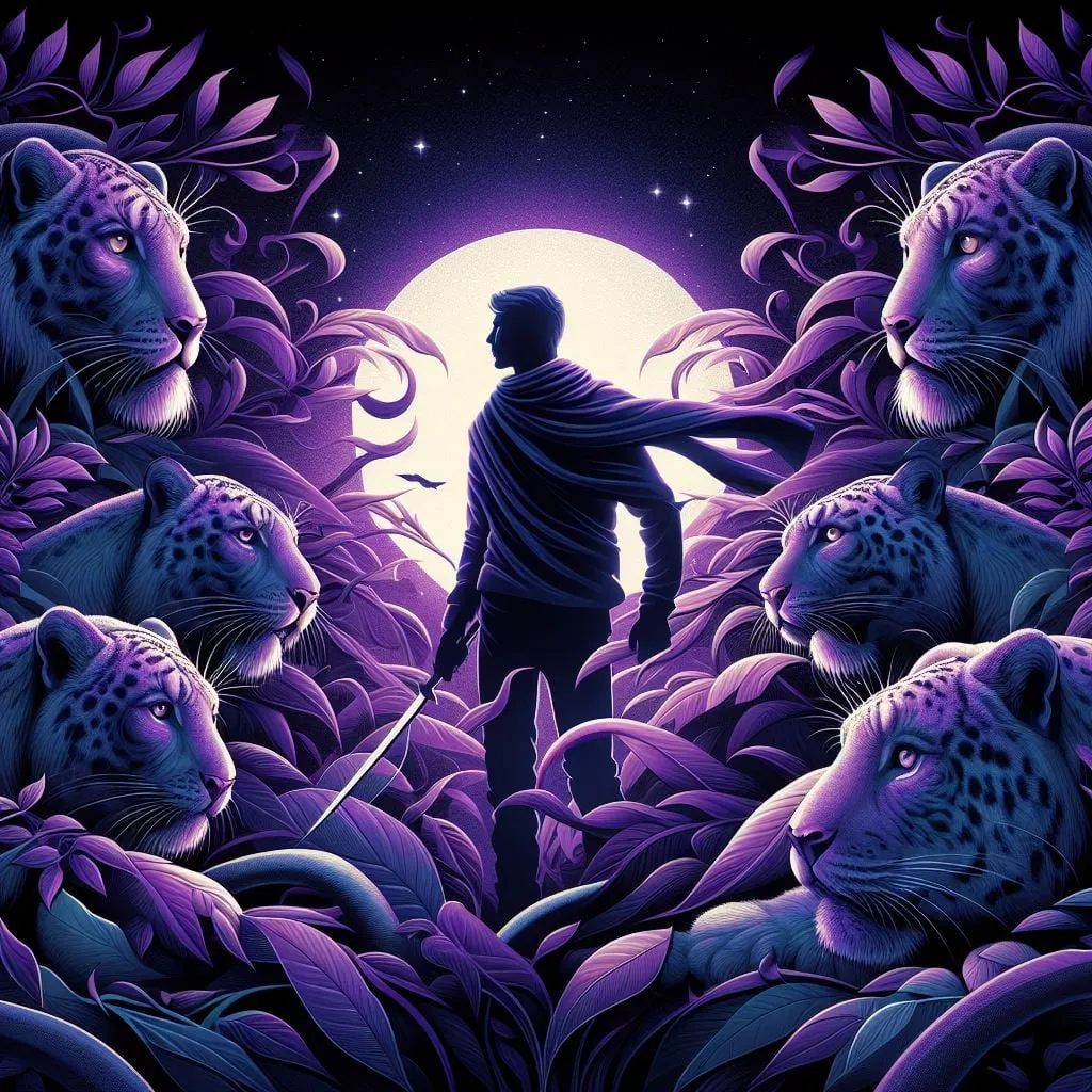 Hombre entre panteras en una selva frente a la luna llena