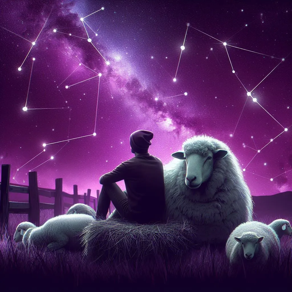 Hombre sentado junto a un rebaño de ovejas bajo las estrellas