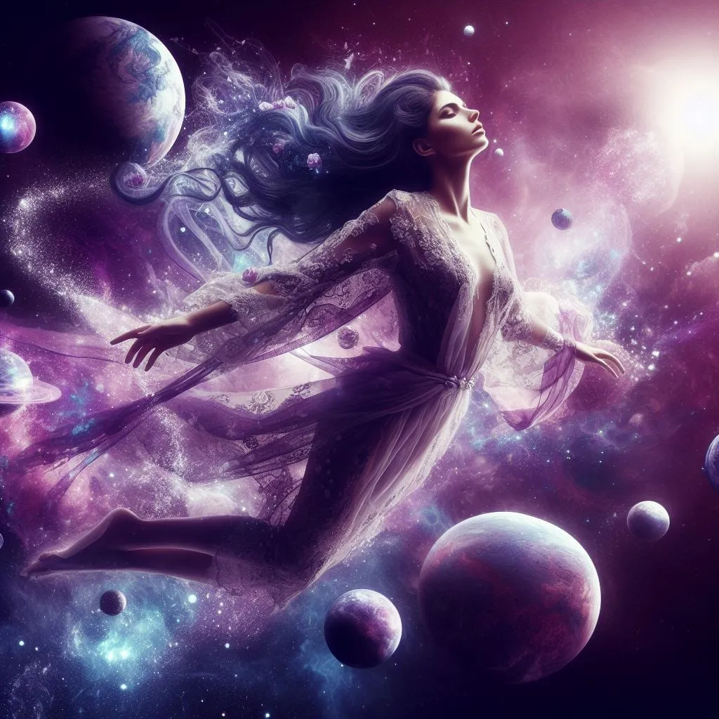 Mujer de vestido blanco flotando entre planetas