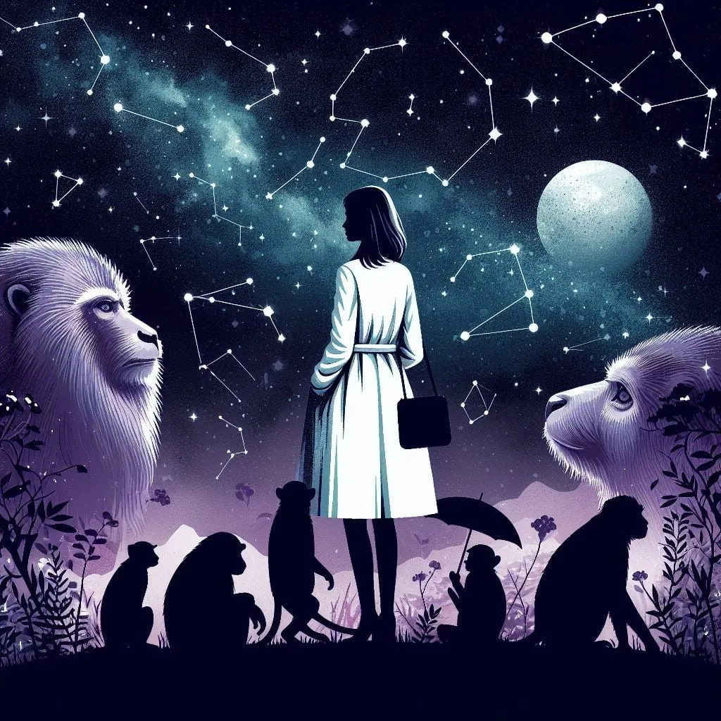 Mujer de abrigo blanco rodeada de monos bajo la luna llena