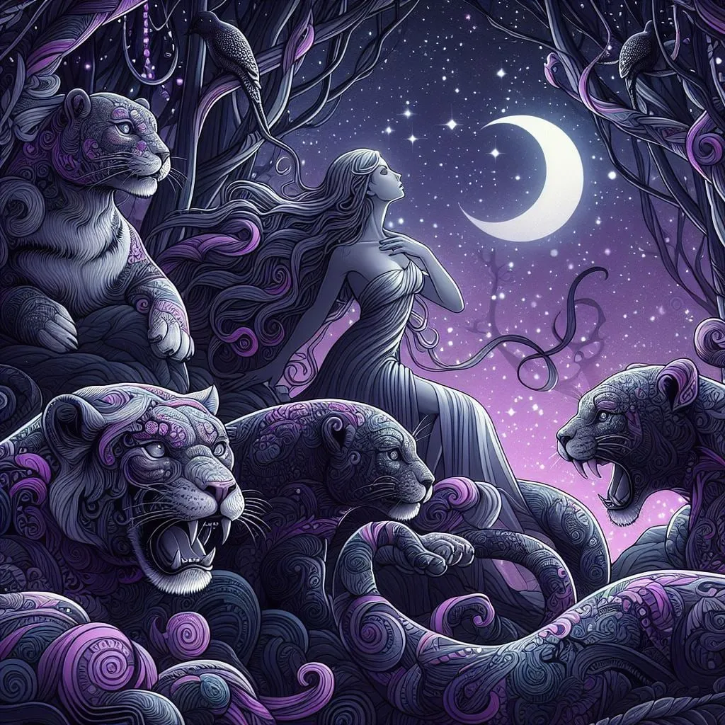 Mujer entre panteras y tigres en un bosque bajo la luna