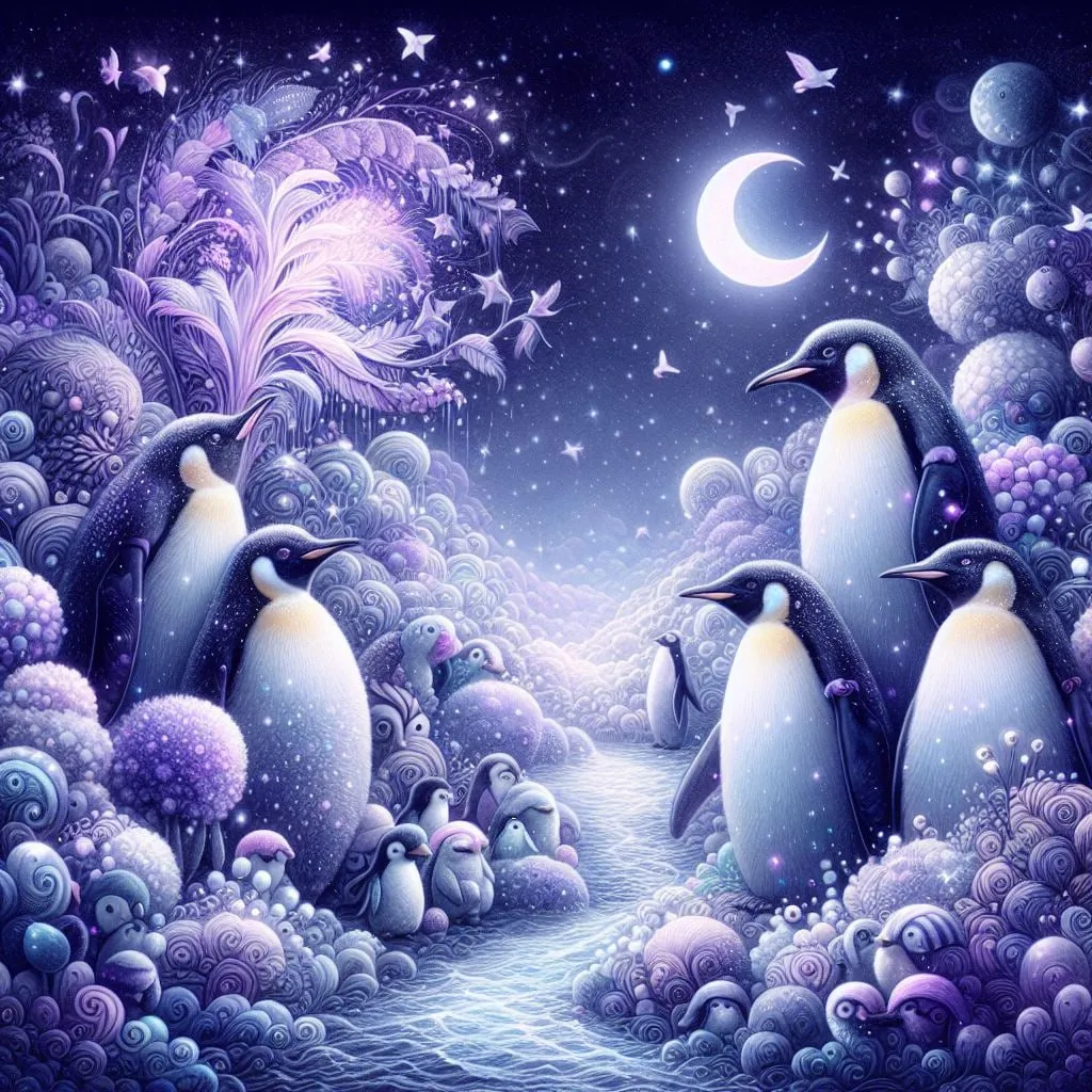 Pingüinos entre corales violetas bajo la luna creciente
