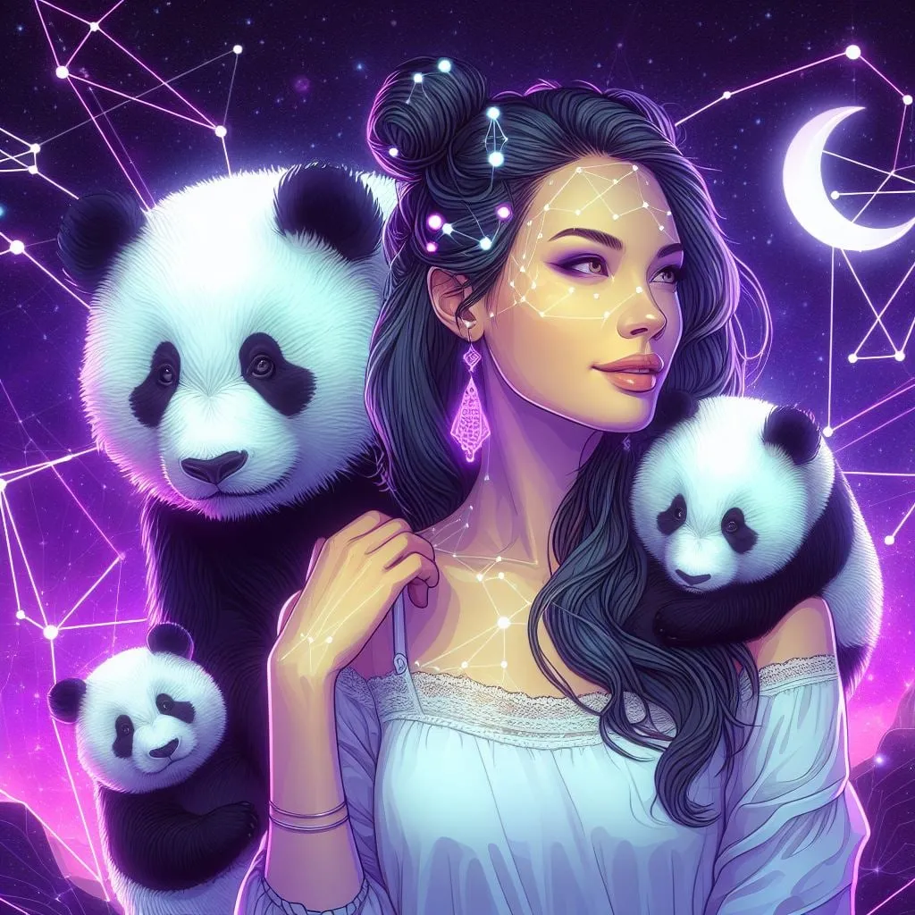 Mujer sonriente junto a una panda y sus crías bajo la luna