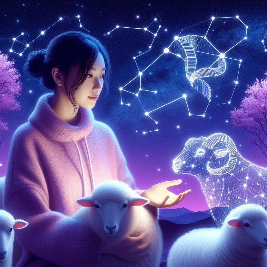Mujer con una oveja luminosa y la constelación de Aries