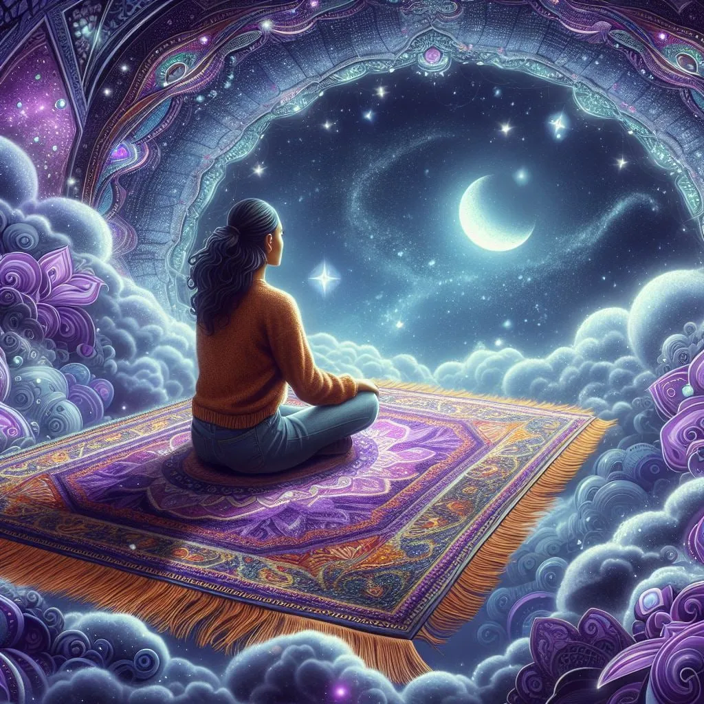 Mujer sentada en una alfombra mágica contemplando la luna entre nubes