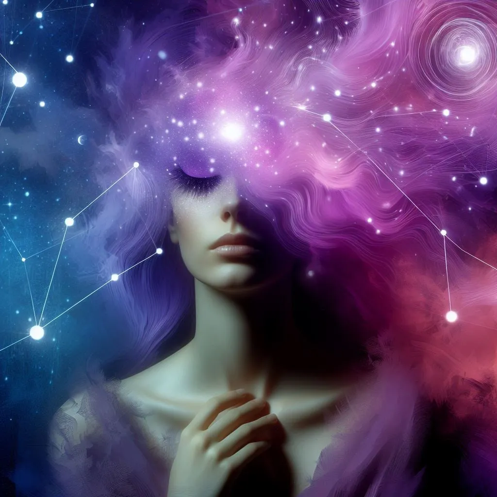 Mujer con los ojos cerrados que se funde con una nebulosa violeta