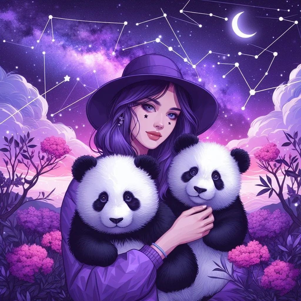 Mujer con sombrero violeta abrazando dos pandas