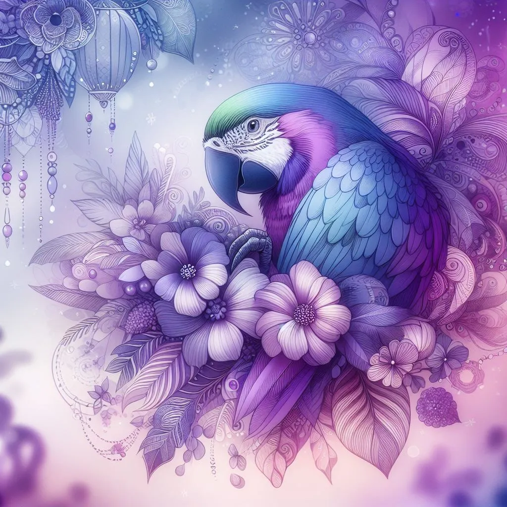 Guacamayo azul entre flores lilas