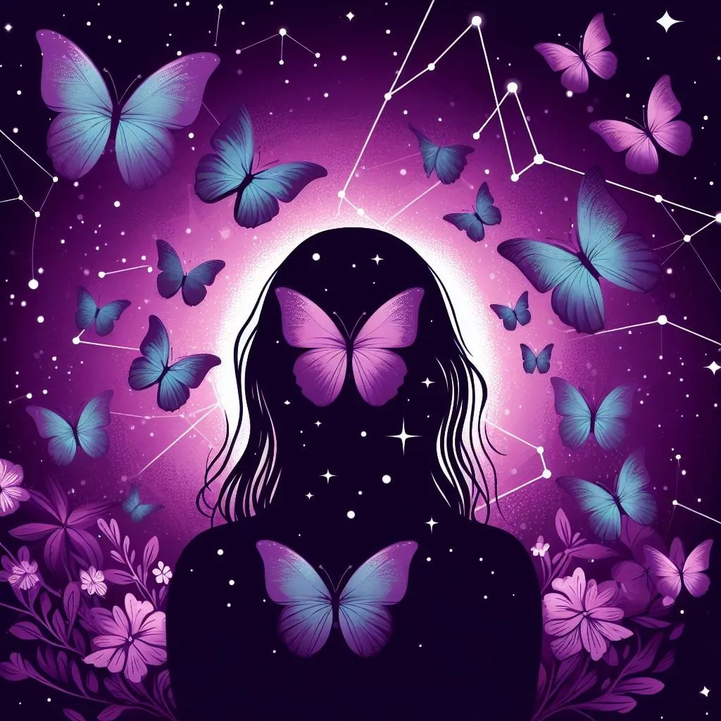 Silueta de mujer rodeada de mariposas azules y rosadas
