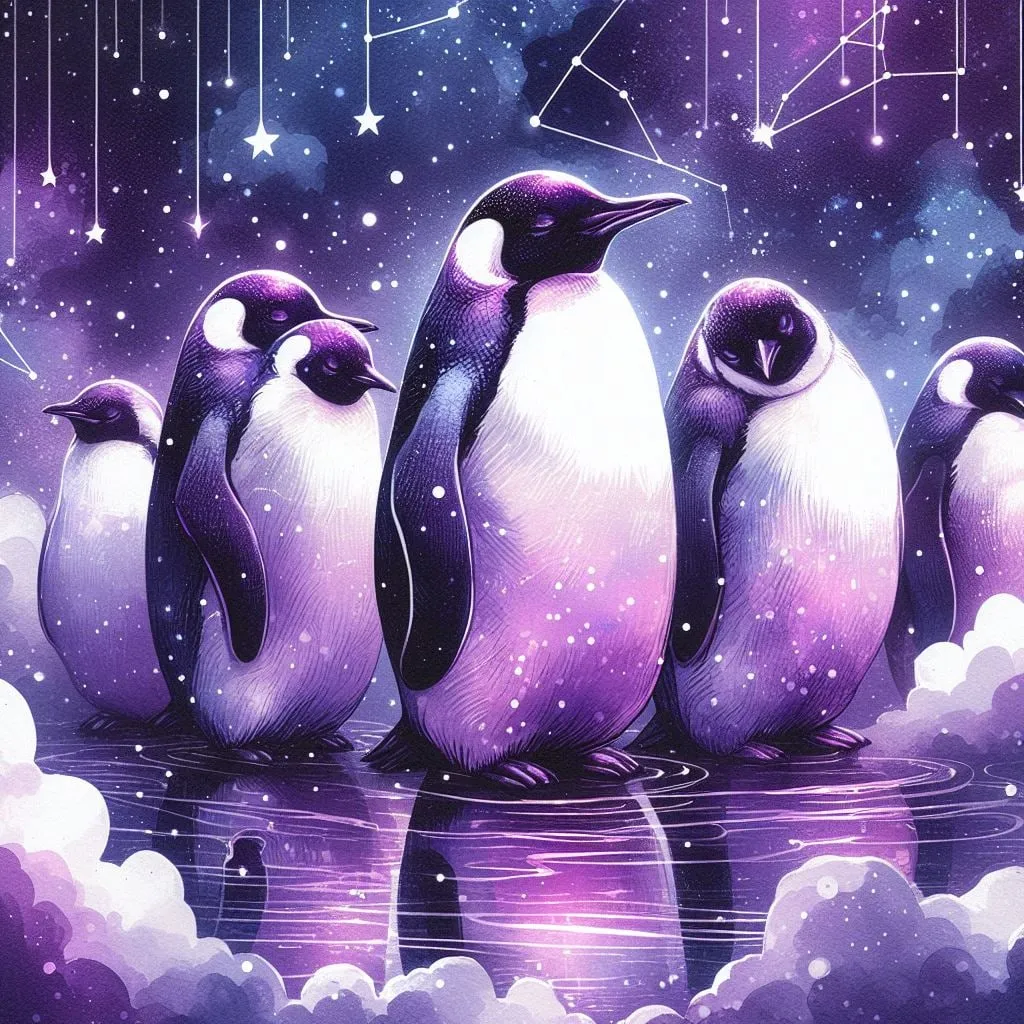 Grupo de pingüinos reflejados en el agua bajo las estrellas