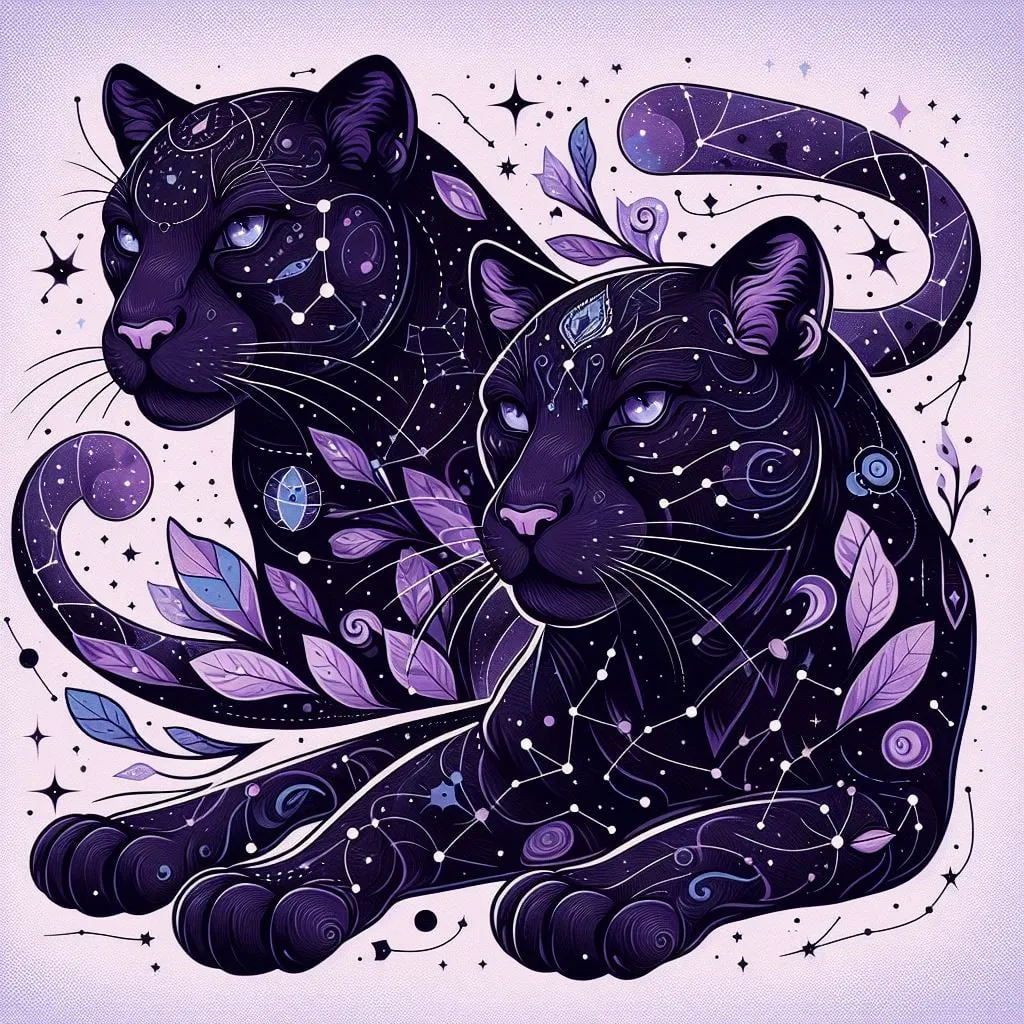 Dos panteras negras decoradas con estrellas y hojas