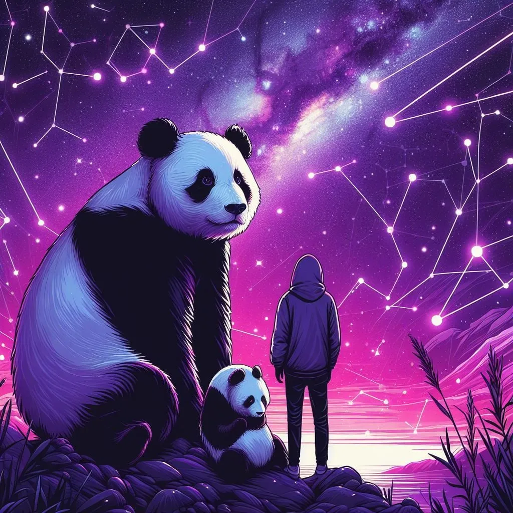 Persona contemplando una osa panda y su cría bajo la Vía Láctea
