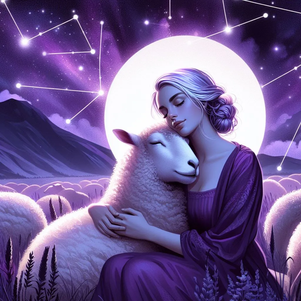 Mujer abrazando una oveja frente a la luna llena