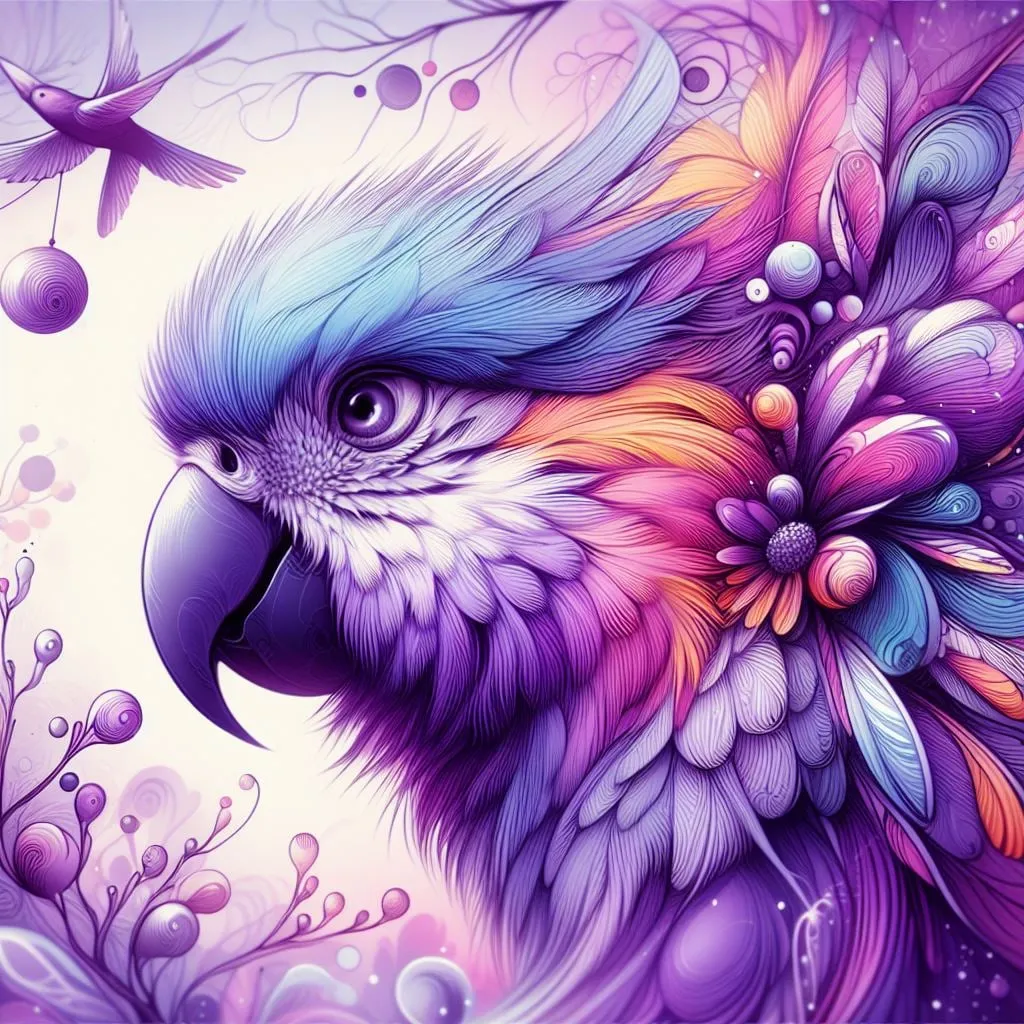Primer plano de un papagayo de plumas violetas y naranjas