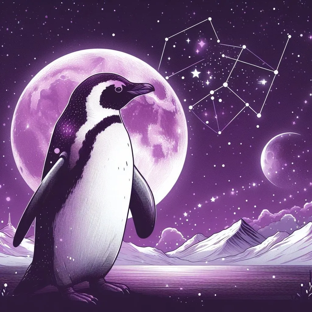 Pingüino de pie frente a la luna llena y montañas nevadas