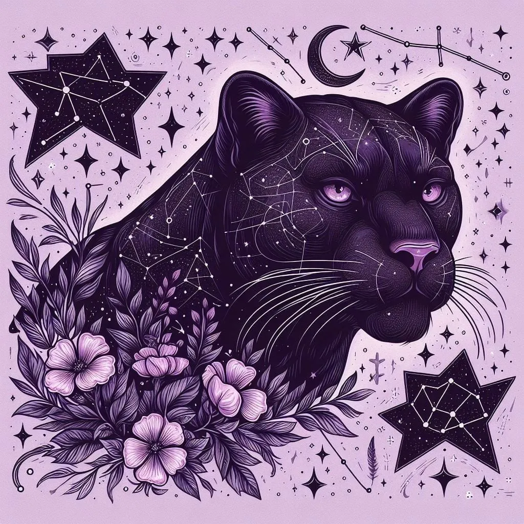 Pantera negra entre flores rosadas y estrellas