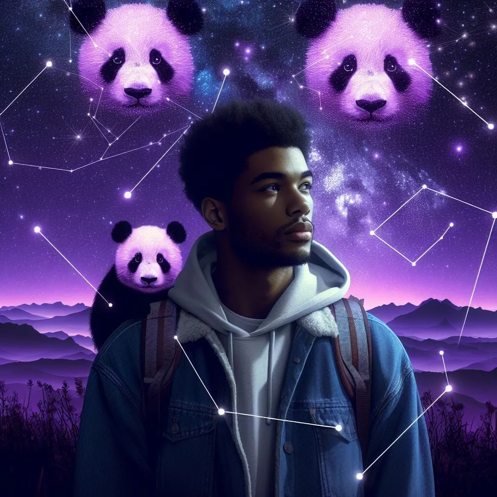 Joven con mochila bajo pandas que flotan en el cielo