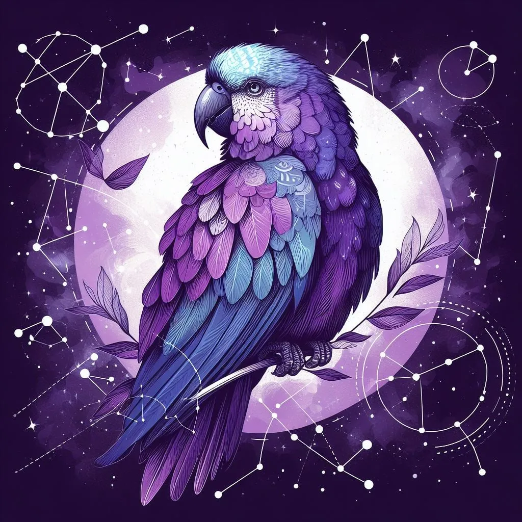 Papagayo violeta posado en una rama frente a la luna