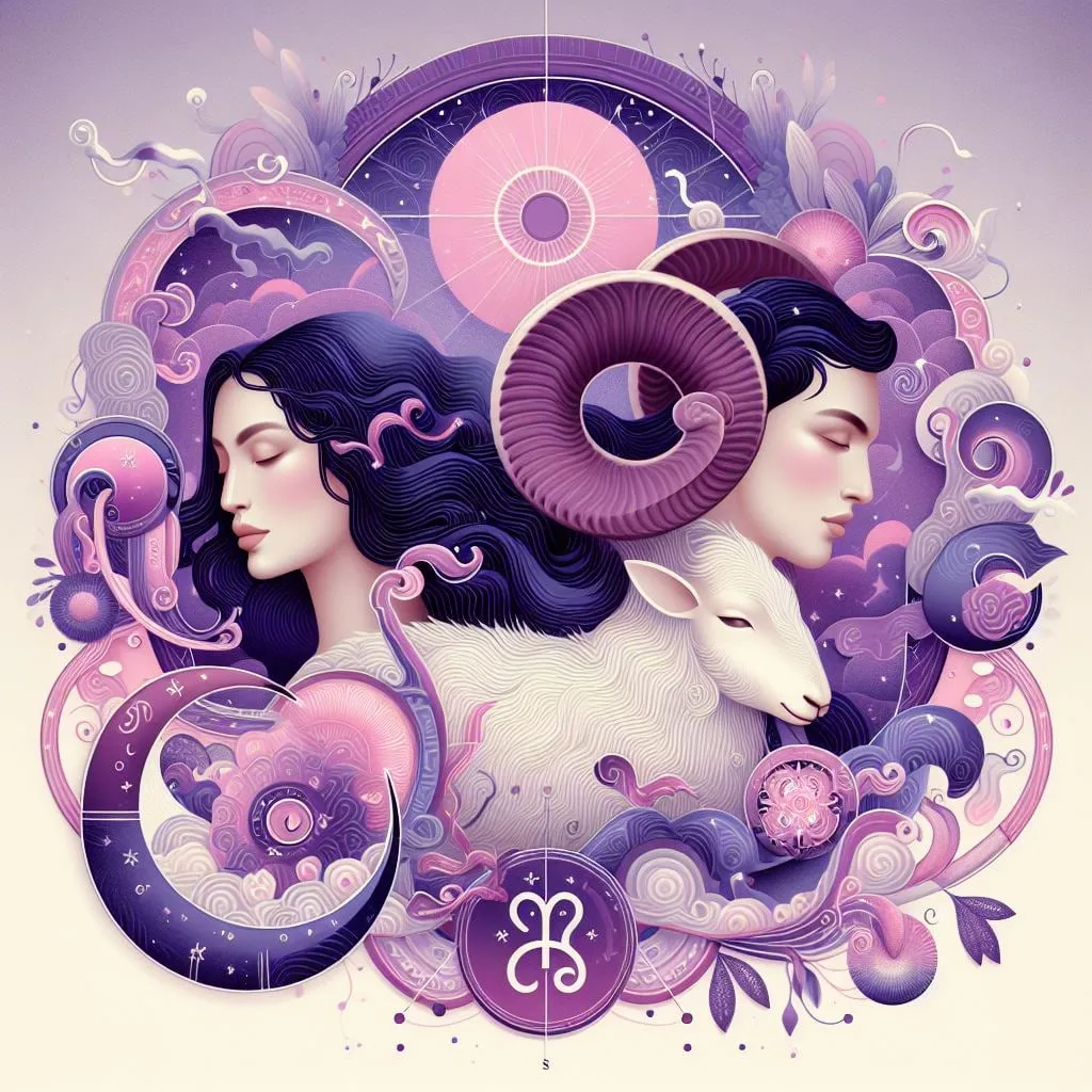 Pareja de perfil con cuernos de carnero en espiral entre lunas violetas