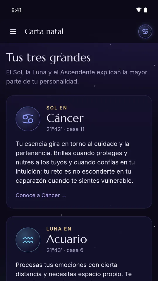 Sol, Luna y Ascendente de una carta natal en la app